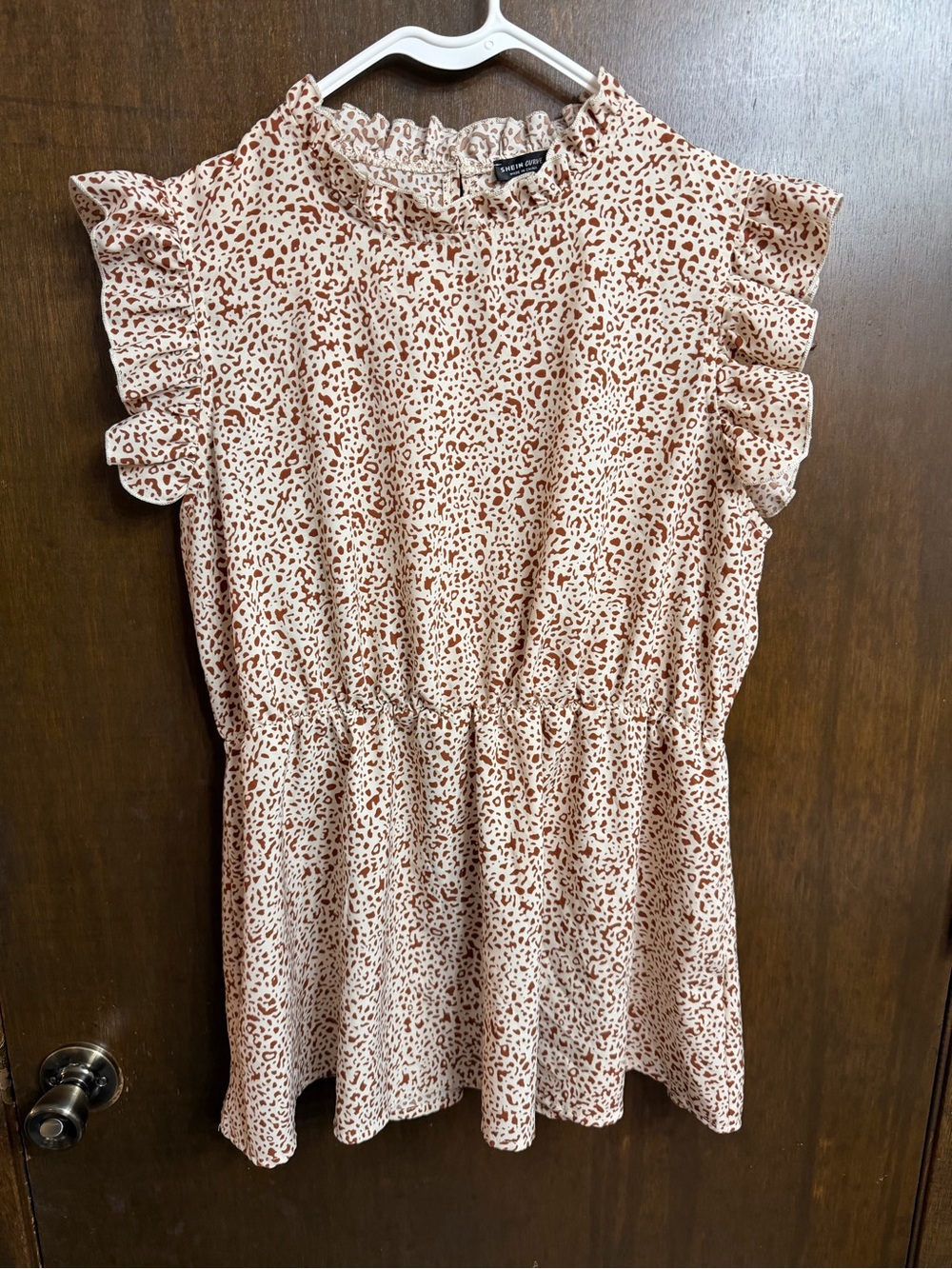 SHEIN Cream Blouse with Brown Spot Print and Ruffle Sleeves